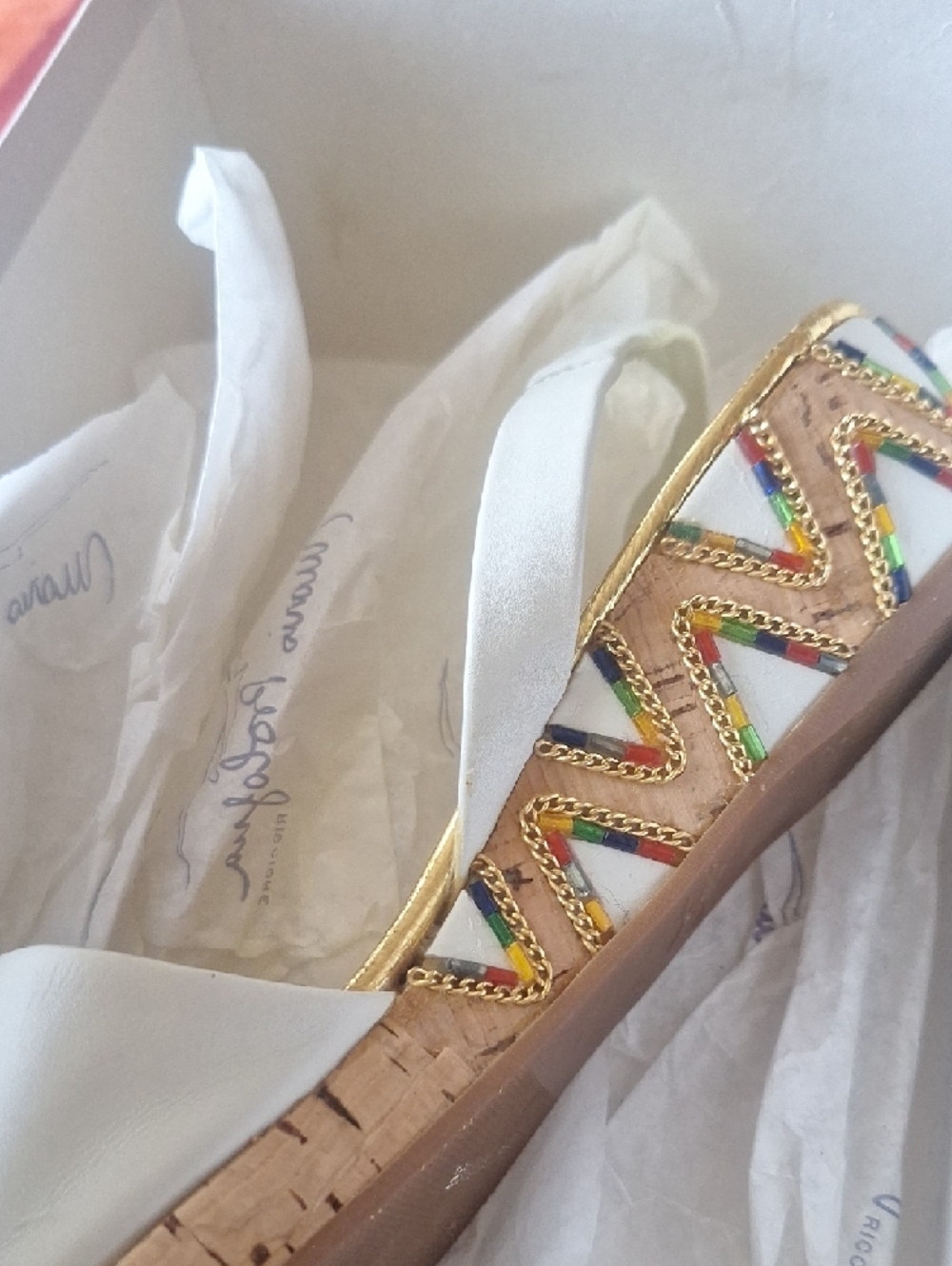 Vtg Mario Bologna Riccione White Leather Cork Wedge Sandals w/ Gold Beads 8